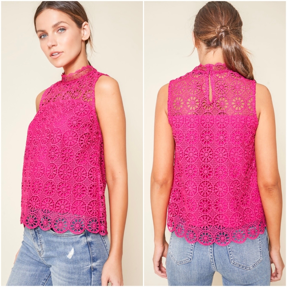 SUGAR + LIPS Boho Chic Hot Pink Crochet Sleeveless Top - Picture 2 of 7